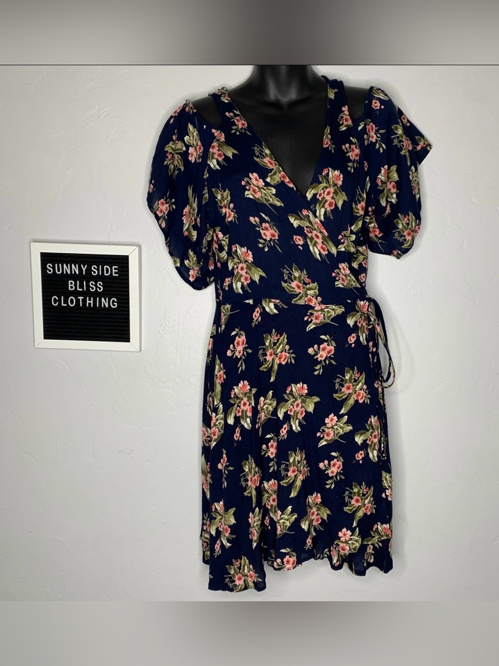 Angie Navy Blue Floral Wrap Midi Dress Cold Shoulder V Neck Large